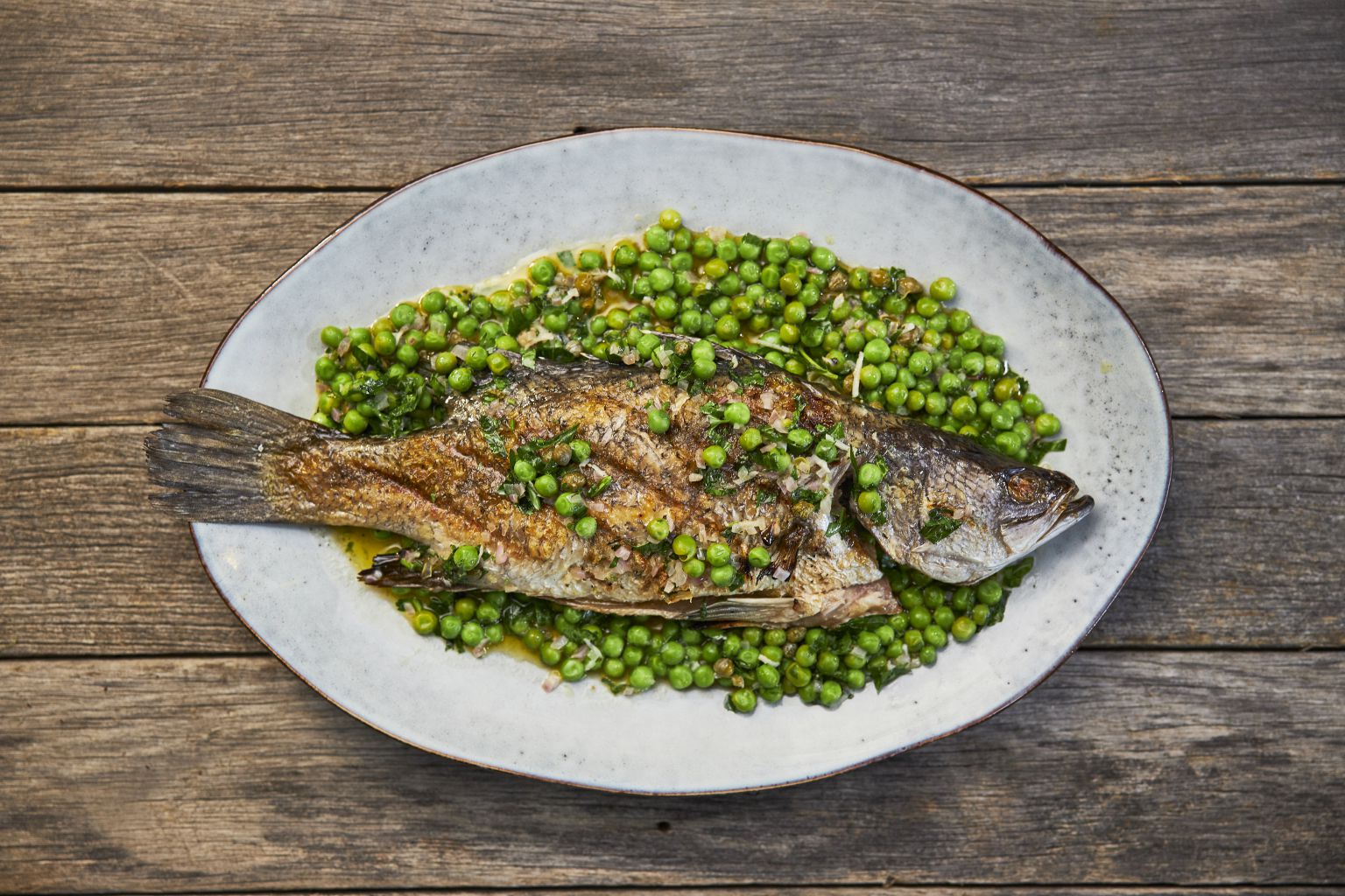 BBQ Whole Barramundi with a Pea and Parsley Butter Sauce - Farm to Fork