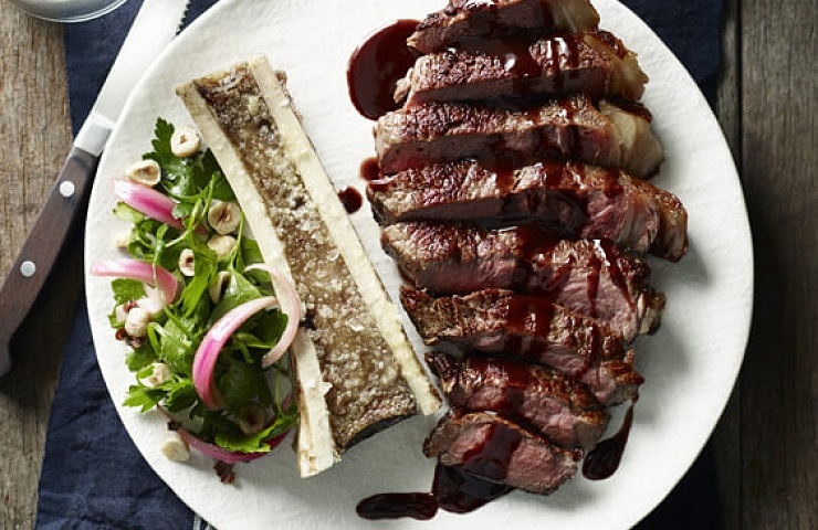 Grass Fed Sirloin with Roasted Bone Marrow & Red Wine Jus