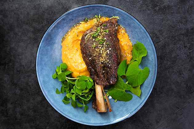 Barbecued Lamb Shank with Fire-Roasted Smoked Pumpkin Mash