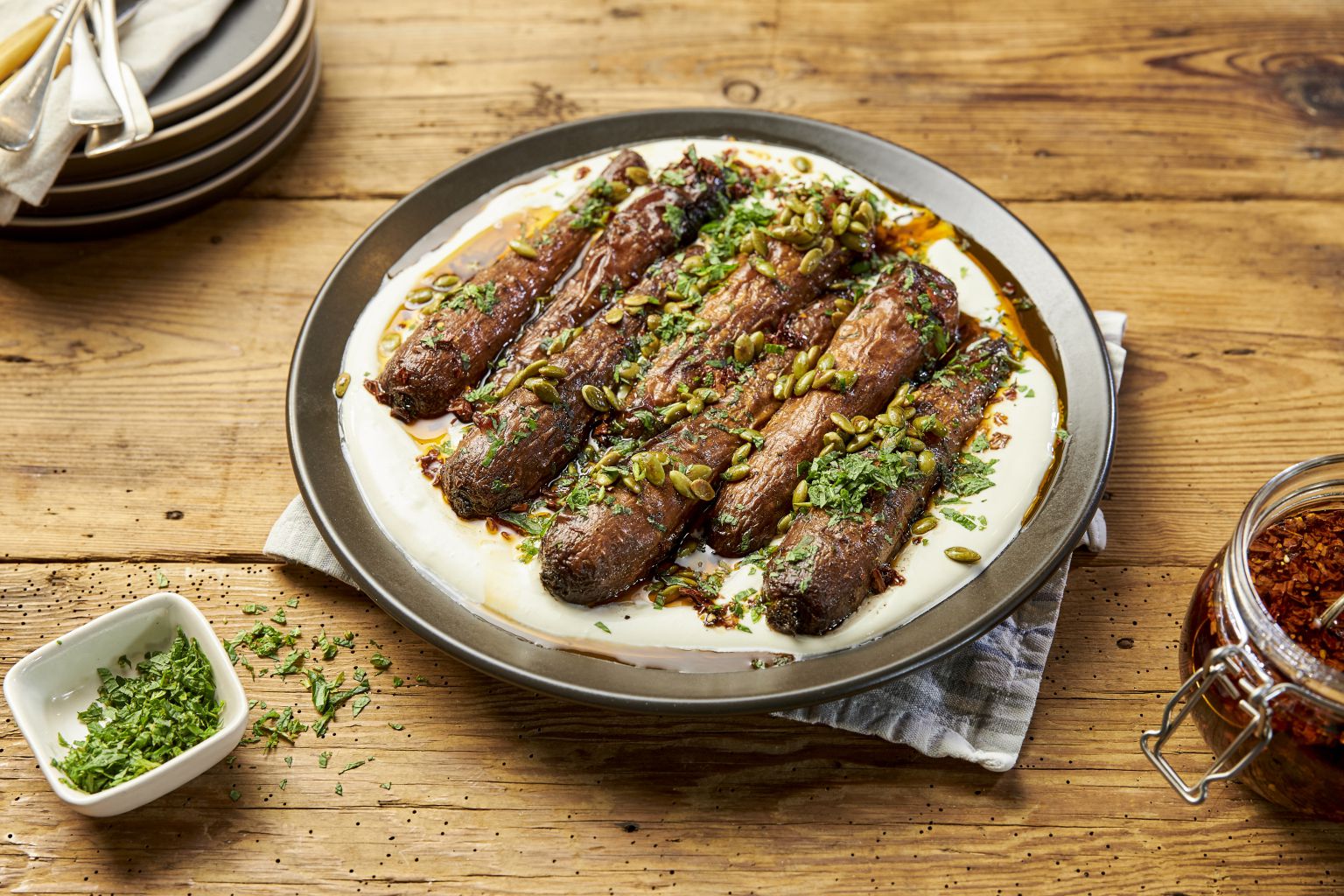 Smoked Carrots with Sesame Yoghurt & Chilli Oil - Farm to Fork