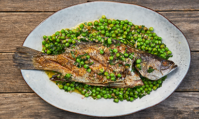 BBQ Whole Barramundi with a Pea and Parsley Butter Sauce