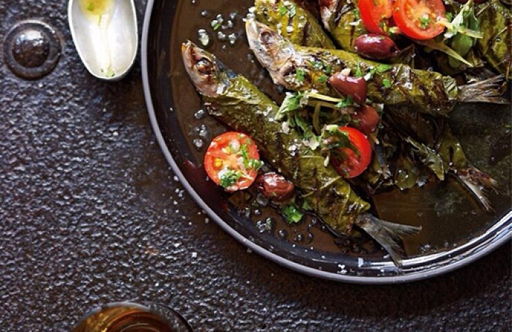 Sardines In Vine Leaves with Cherry Tomatoes & Olives