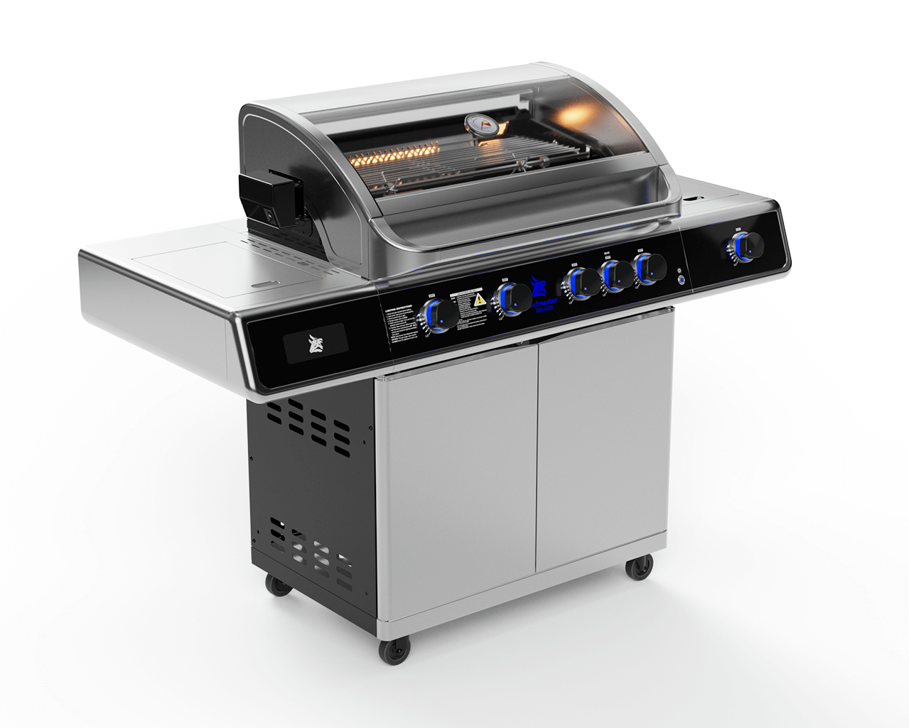 Deluxe Beefmaster T-Series 4 Burner BBQ on Deluxe Cart with Cast Iron Side Burner, , hi-res image number null