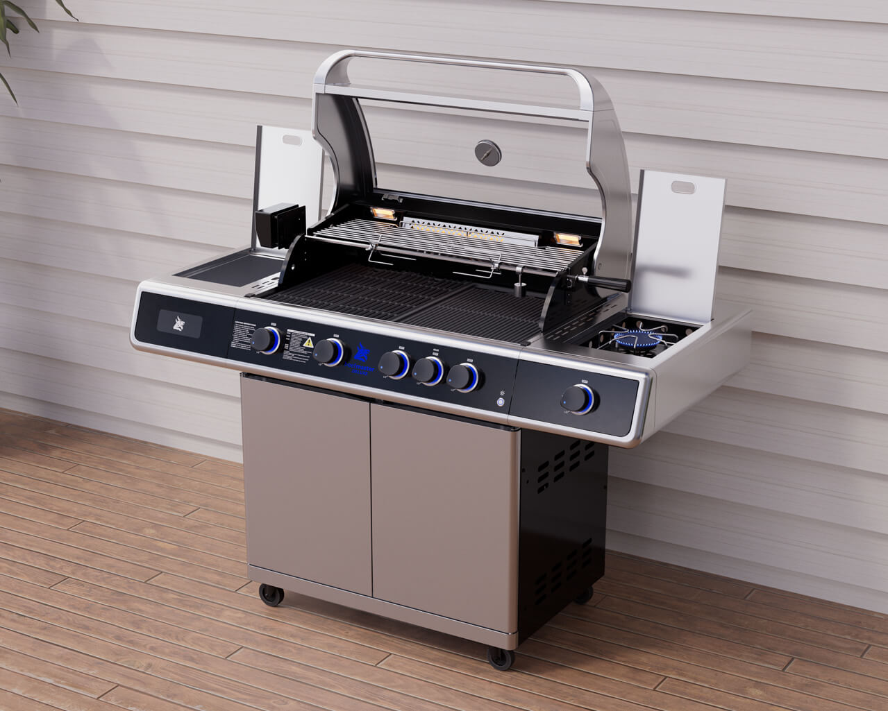 Beefmaster Deluxe T-Series 4 Burner BBQ on Deluxe Cart with Cast Iron Side Burner, , hi-res image number null