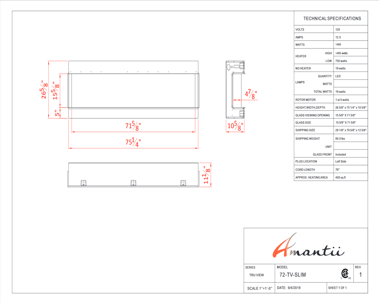 Amantii Smart 72" unit – 10 5/8" in depth 3 sided glass fireplace, , hi-res image number null