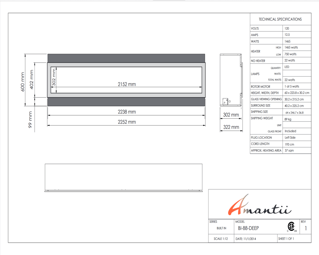 Amantii Smart 88" Electric Deep Built-in only comes with optional black steel surround, , hi-res image number null