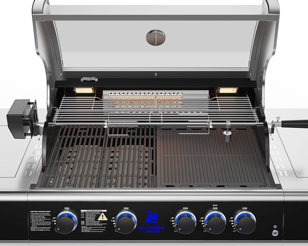 Deluxe Beefmaster T-Series 4 Burner BBQ on Deluxe Cart with Cast Iron Side Burner, , hi-res image number null
