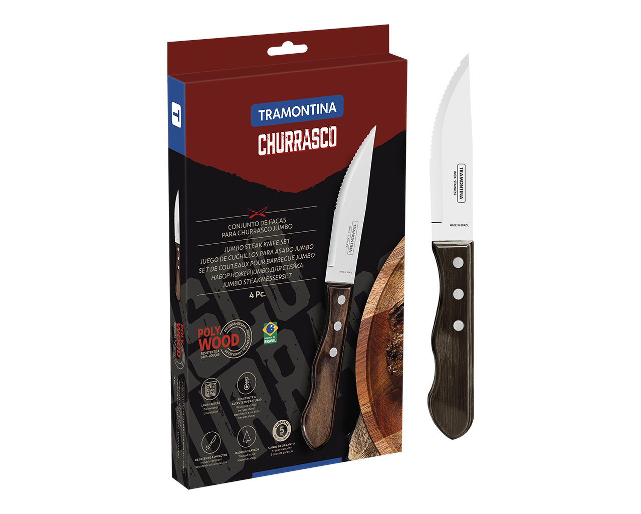 Tramontina 4Pc Polywood Jumbo Steak Knife Set - Brown, , hi-res image number null