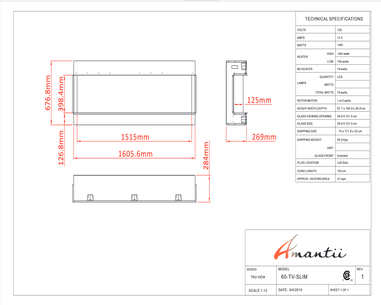Amantii Smart 60" unit – 10 5/8" in depth 3 sided glass fireplace, , hi-res image number null