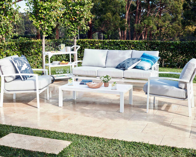 Jette 4 Piece Outdoor Lounge Setting with 1 Three-Seat Lounge, 2 Single-Seat Lounges and 1 Coffee Table - White, White, hi-res image number null