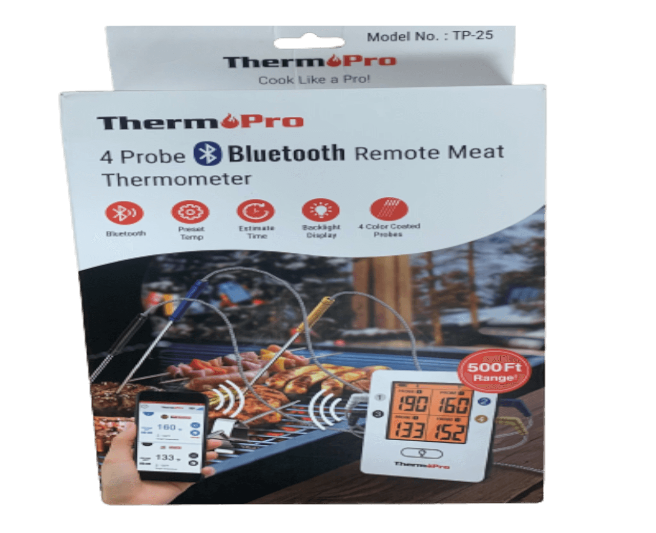 TP25 Rechargeable 500 ft. Wireless Bluetooth Grill Thermometer with  4-Temperature Probes for BBQ and Smoker