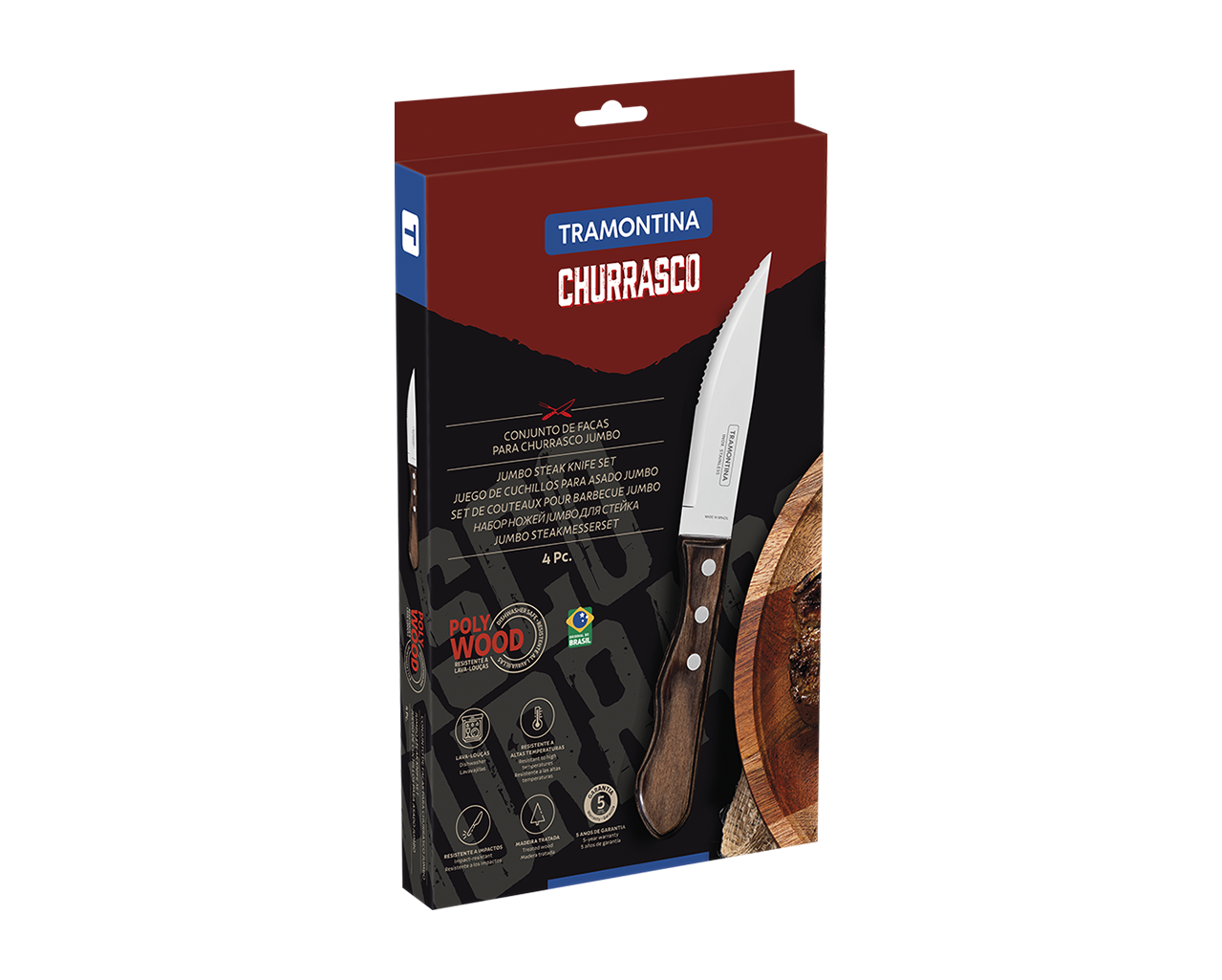 Tramontina 4Pc Polywood Jumbo Steak Knife Set - Brown, , hi-res image number null