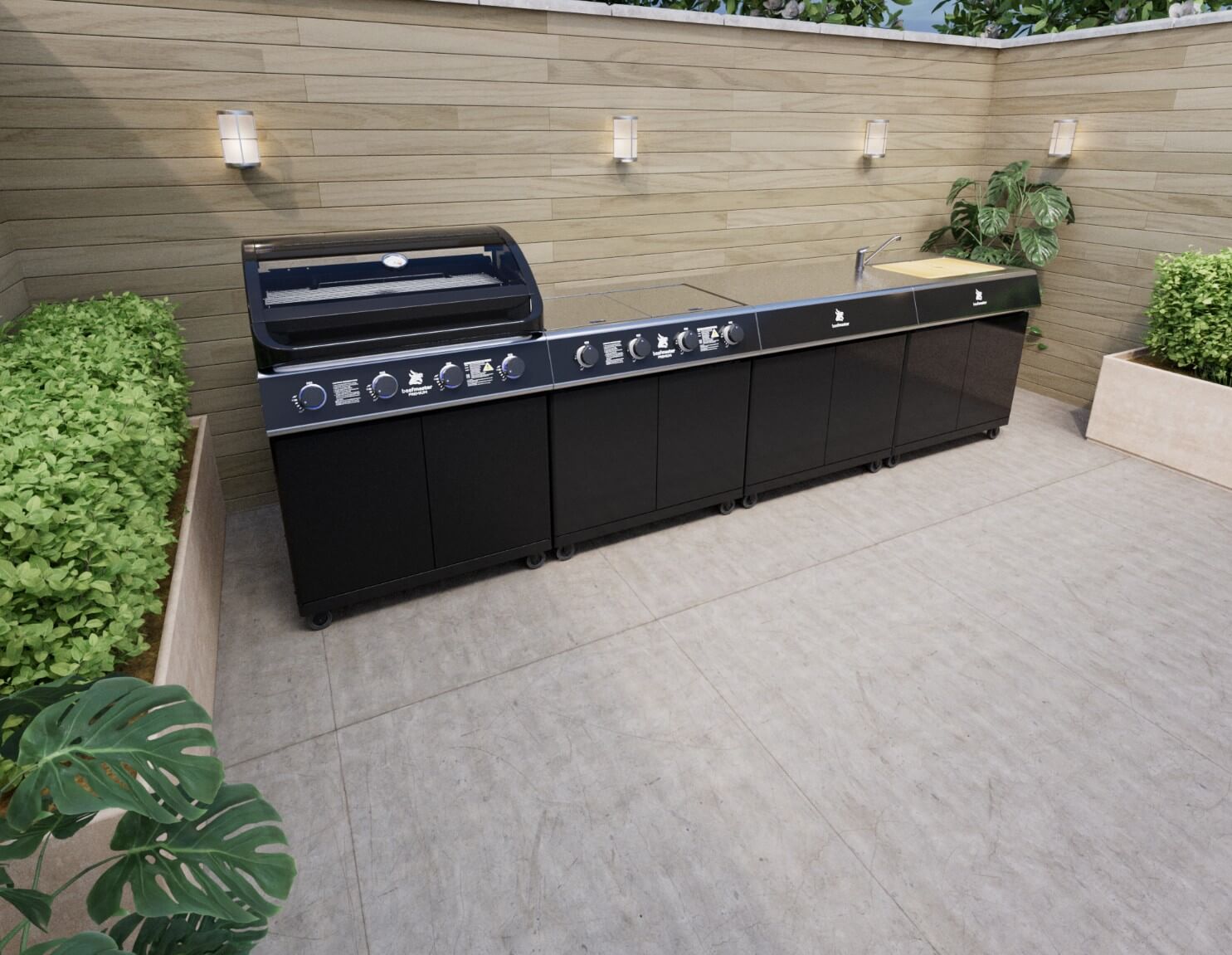 Beefmaster Premium 4 Burner Outdoor Kitchen with Range, Sink & Bench on Classic Carts, , hi-res image number null