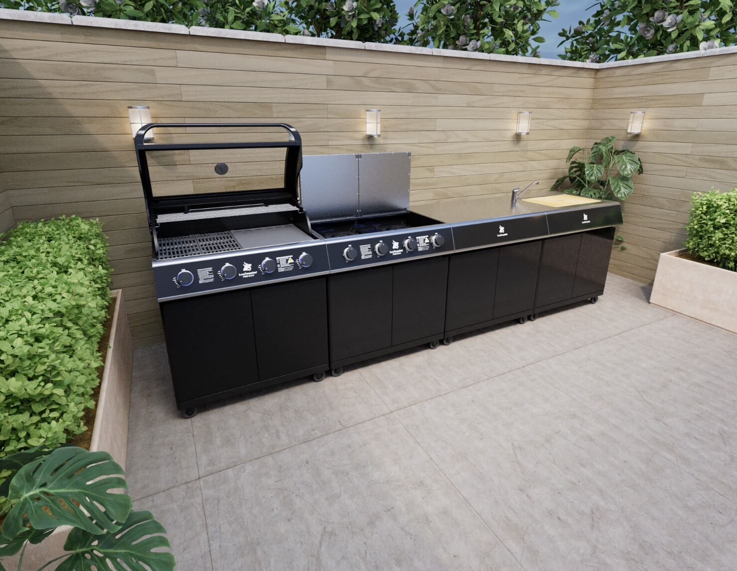 Beefmaster Premium 4 Burner Outdoor Kitchen with Range, Sink & Bench on Classic Carts, , hi-res image number null