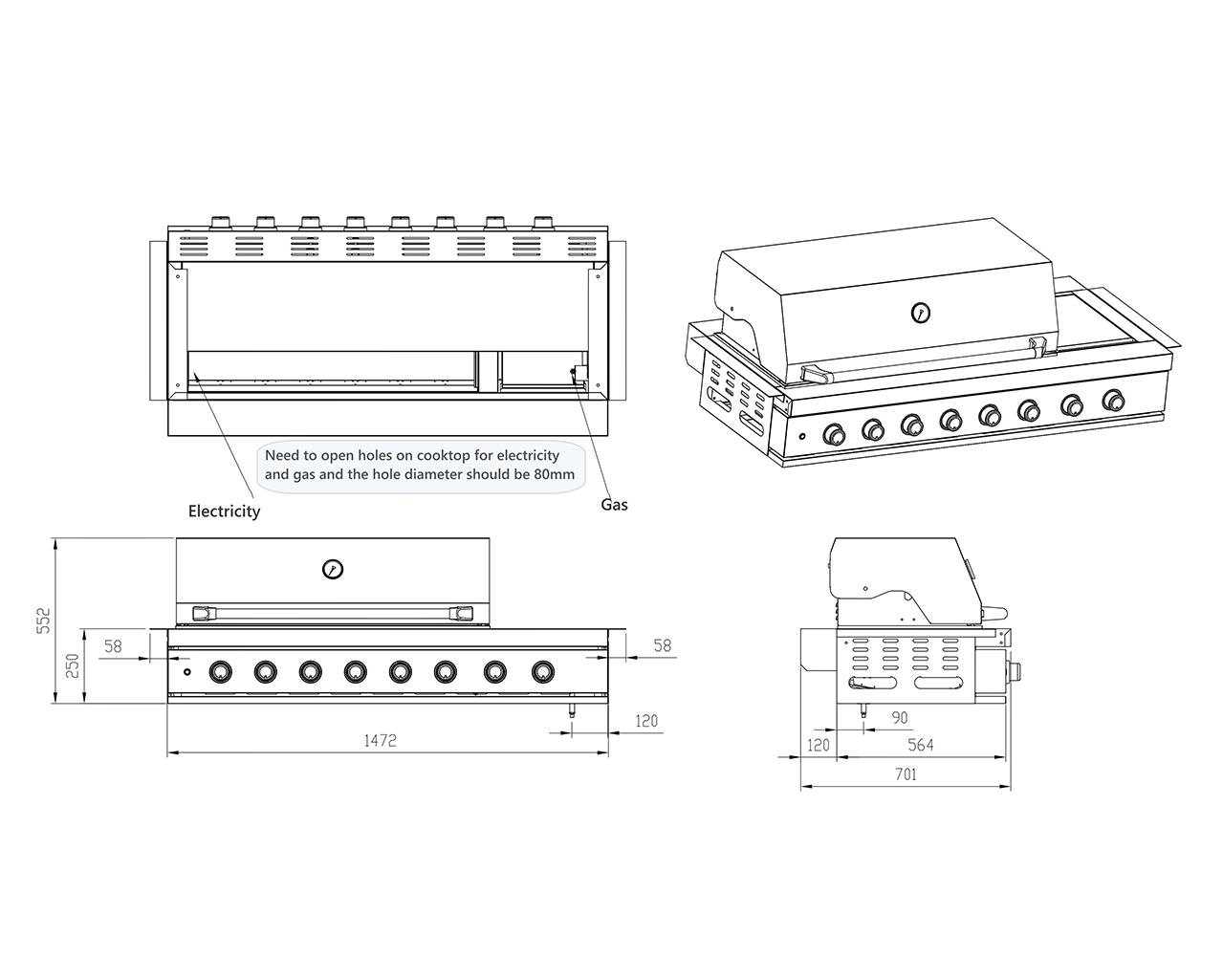 Aspire 6 Burner BBQ with Rear & Side Burners (LPG Gas), , hi-res image number null