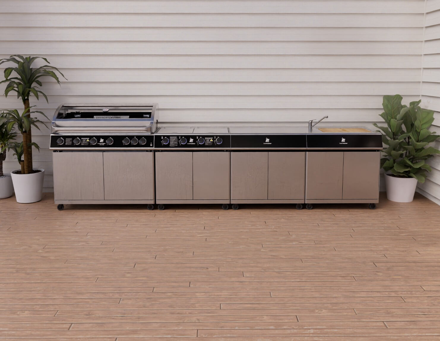 Beefmaster Deluxe 6 Burner Outdoor Kitchen with Range, Sink & Bench on Deluxe Carts, , hi-res image number null