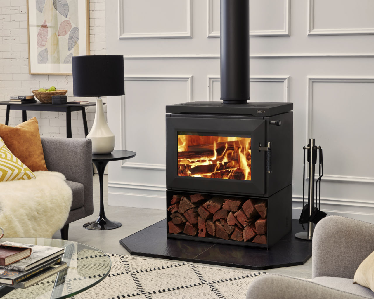 Saxon Blackwood Freestanding Wood Heater with Wood Storage, , hi-res image number null